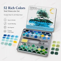 52 Colors Portable Watercolor Set in Metal Tin with Shell Paint Pans, Water Brush and Sponge for Artists, Students and Travel 3