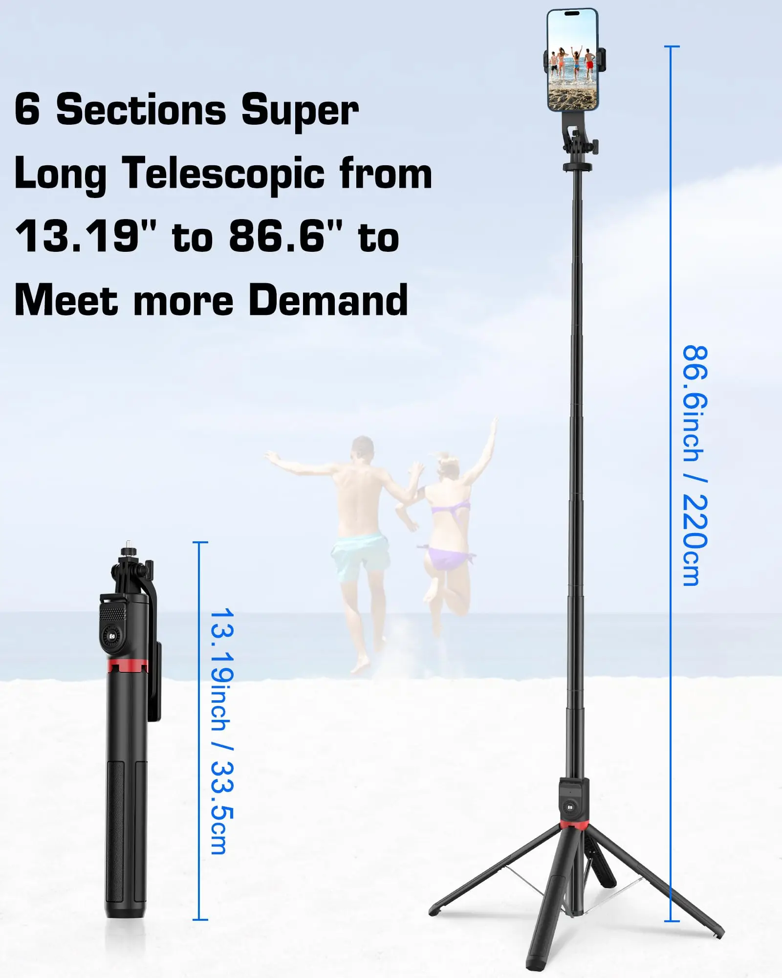 DIXSG 블루투스 셀카봉 삼각대 86.6인치 접이식 휴대폰 스탠드 아이폰, 삼성 및 기타 스마트폰과 호환 가능
