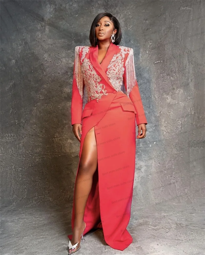 Red Carpet Women Suits Elegant For Wedding Long Jacket Appliqued Beads Tassel Office Lady Prom Dress Tuxedo Made 1 Pieces women suit set