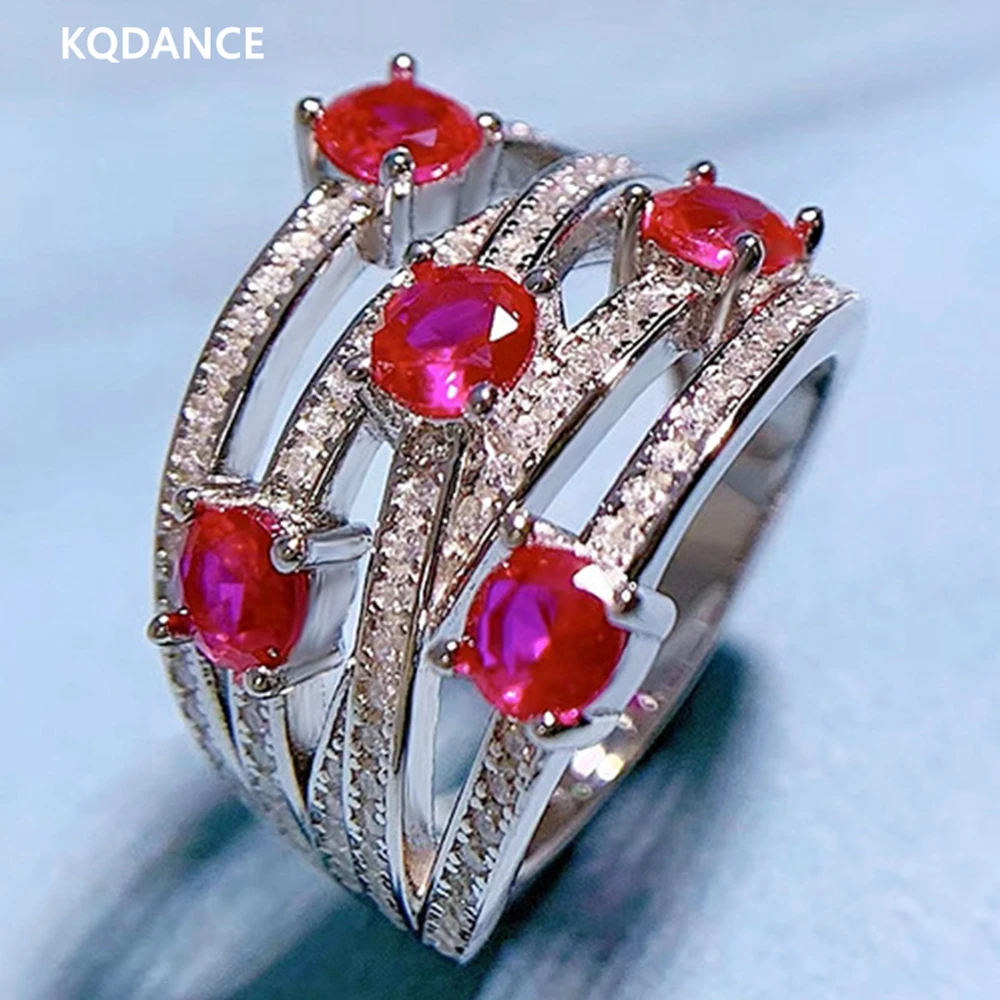 

KQDANCE 925 Sterling Silver Line Cross Emerald Cut Create Ruby Diamond Rings With Red Gem Stones Wedding Jewelry for Women 2022