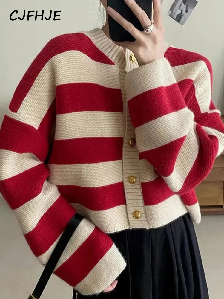 

CJFHJE Striped Knitted Cardigans Women Autumn Winter Button Up Loose Cardigan Sweaters Woman Korean Style Long Sleeve Knitwear