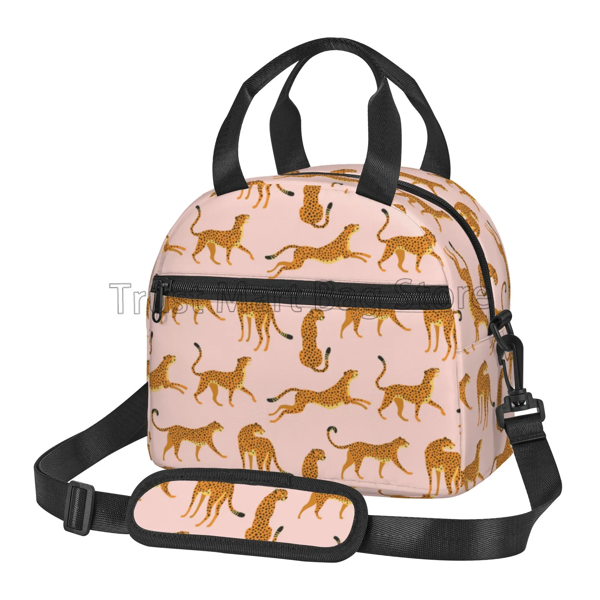 Boho Leopard Insulated Lunch Box Tropical Animal Cheetah Pink Thermal Lunch Bag Riutilizzabile Cooler Bento Tote Con Cinturino Regolabile