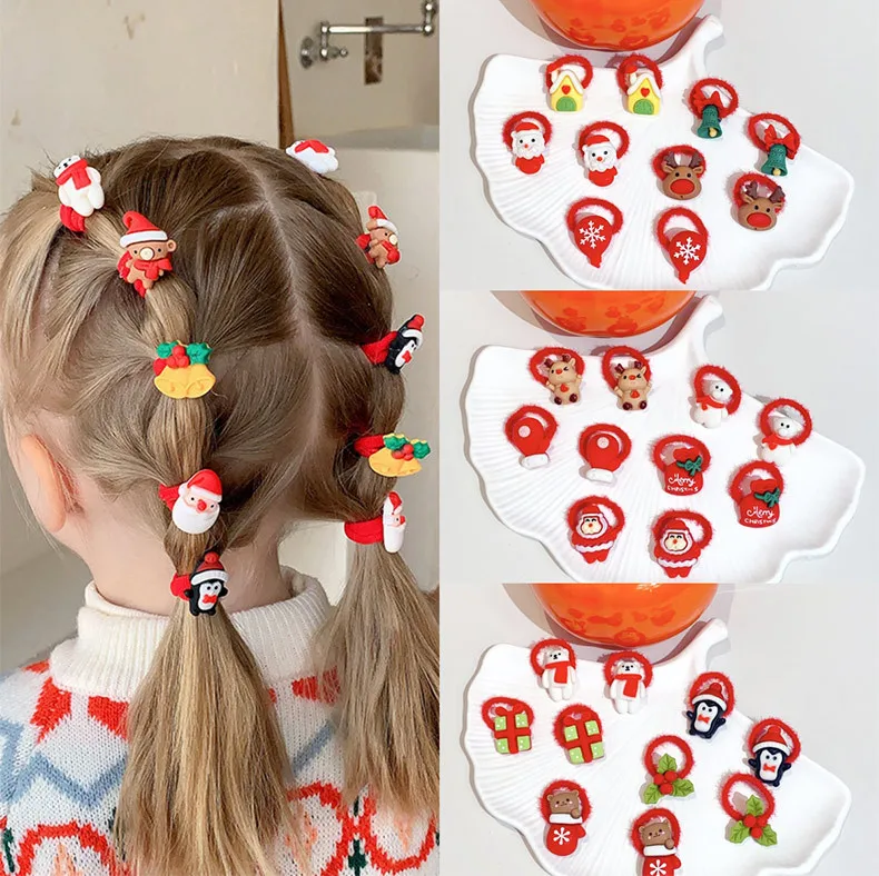 10PCS Kids Girls Christmas Hair Ties Cute Santa Claus Reindeer Design Festive Hair Accessories Holiday Parties Decorations
