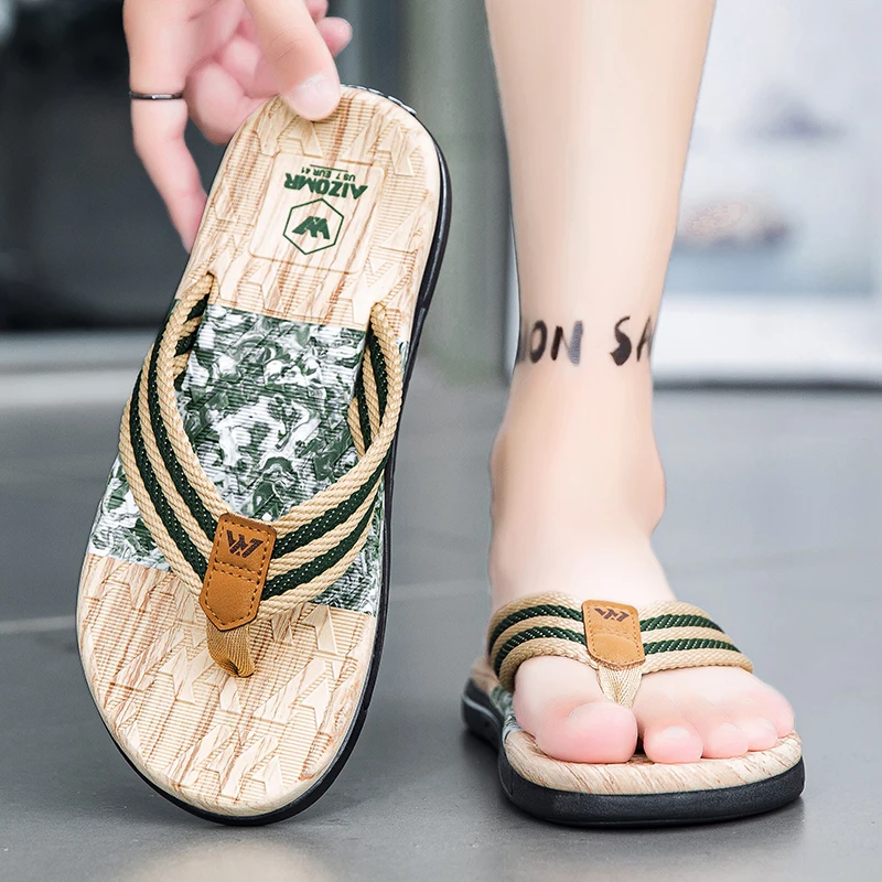 Japanese wood grain flip flops for men in summer wear anti-slip trend printed soft bottom clip foot stroke beach sand sand, view 5
