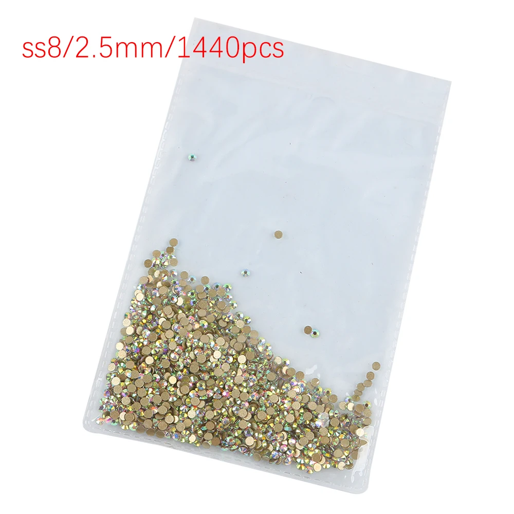 SS3 SS4 SS5 SS6 SS8 1440pcs Clear Crystal AB Golden Back Stones  3D Non HotFix FlatBack Nail Art Rhinestones Decorations 