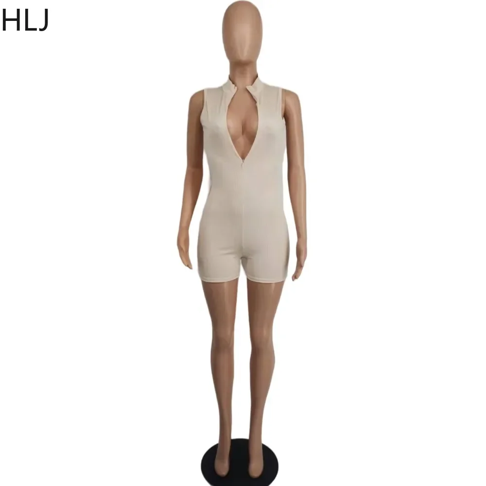 HLJ Solid Ribber Skinny Rompers Jumpsuits Women Sleeveless Bodycon Playsuits Y2k Fashion Zipper Short Sexy Active Jumpsuit 2024