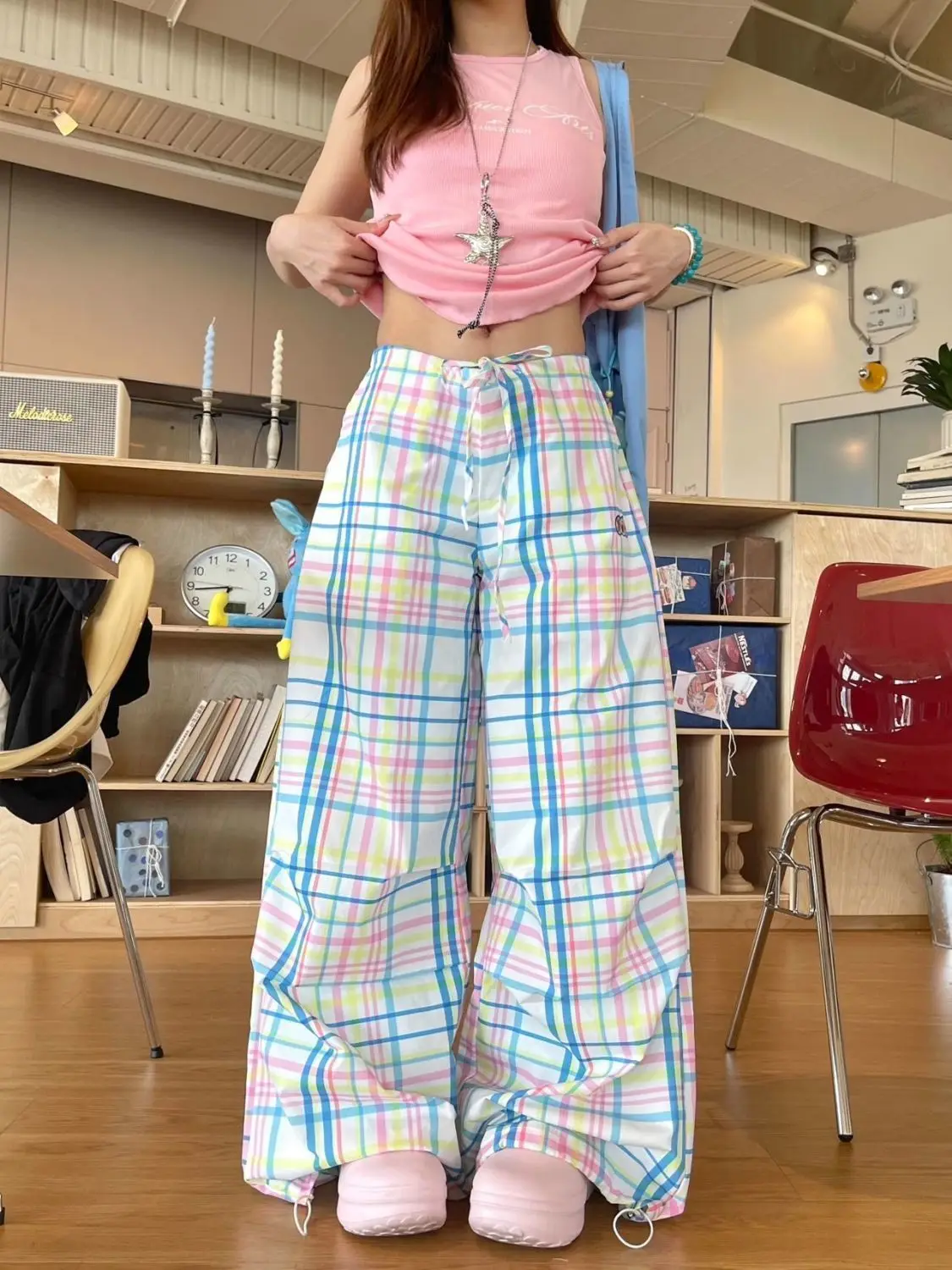 Y2K Pastel Plaid Wide Leg Cargo Pants | Drawstring Waist Baggy Trousers with Hem Toggle 90s Retro Streetwear Sweet Preppy Style