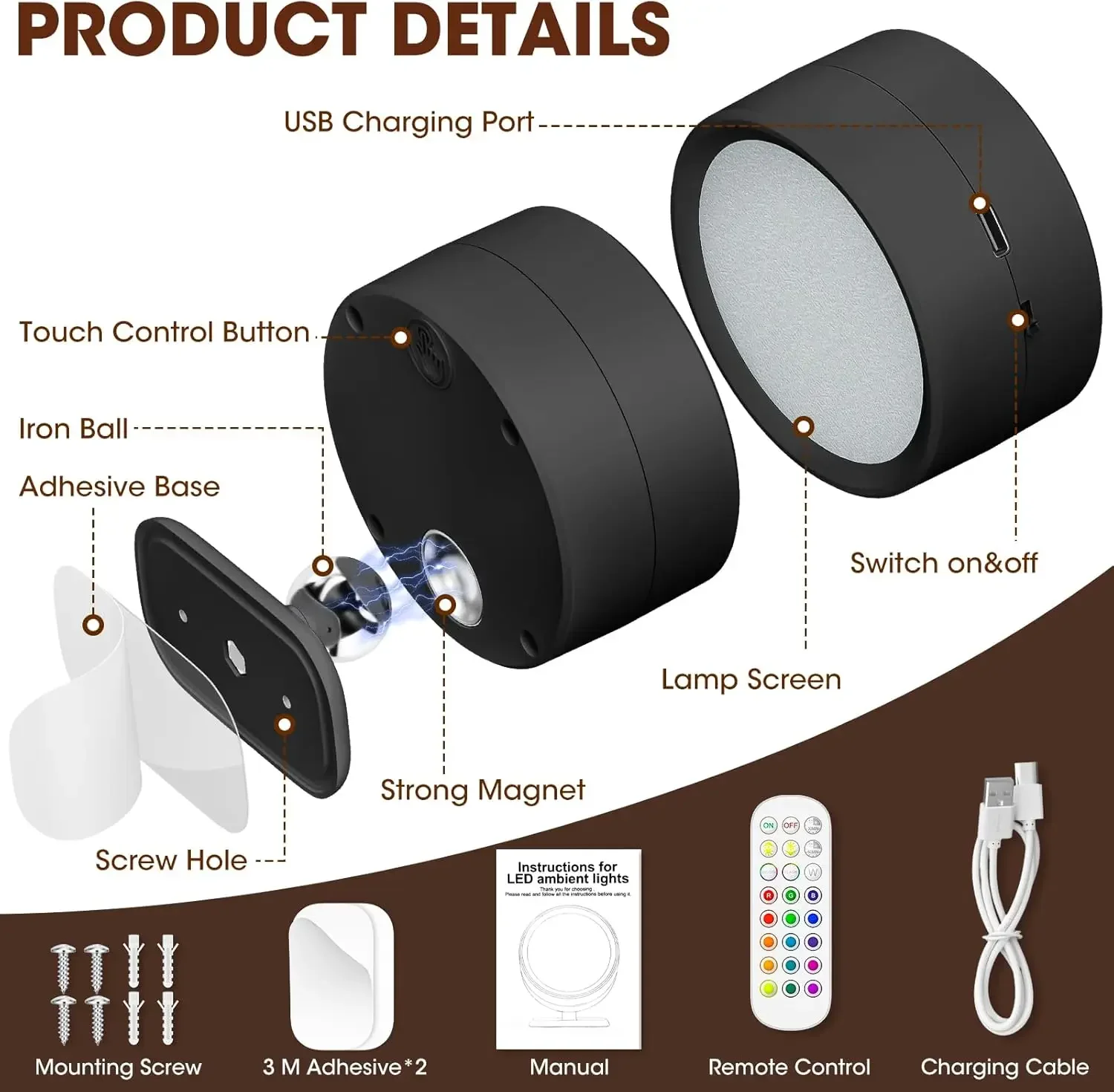 Magnetic Dimmable LED Wall Light with 360° Rotation and Touch Remote Control