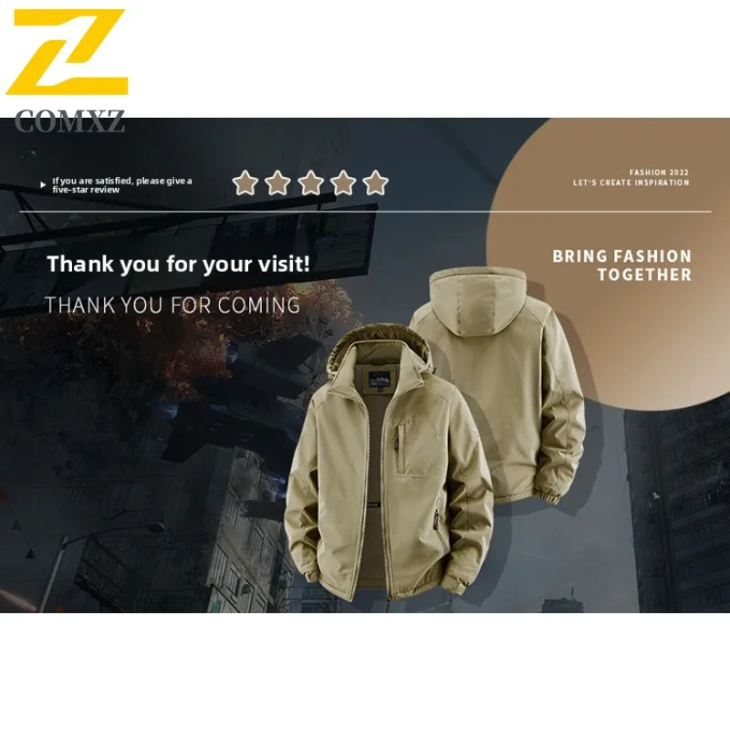 Workwear Style Mid Length Jacket for Men Plush Lined Windbreaker Cold Weather Windproof Multi Pocket Design Outdoor Casual Parka
