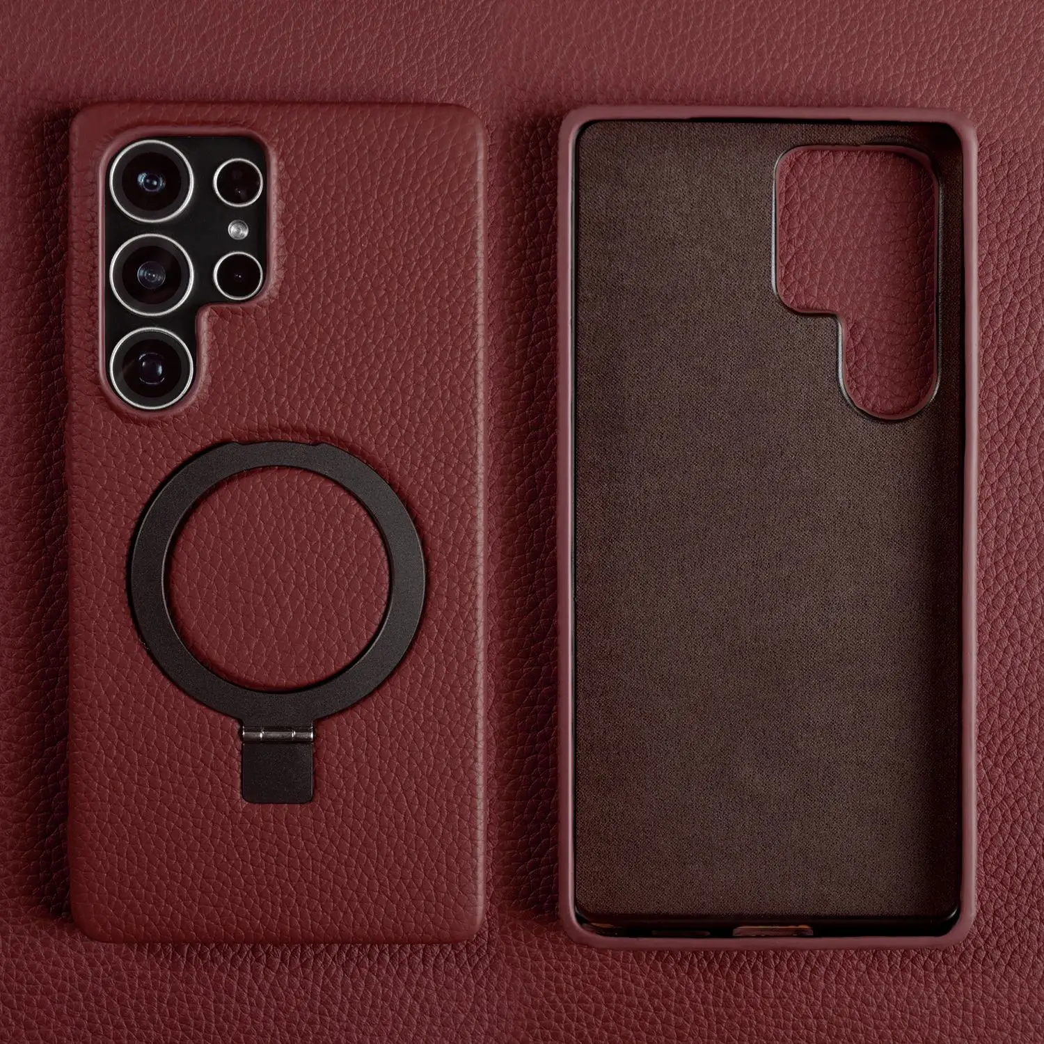 Genuine Leather Magnetic Ring Stand Phone Case with Back Cover