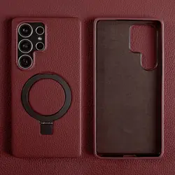 Genuine Leather Magnetic Ring Stand Phone Case with Back Cover - Galaxy S26 Ultra (Saddle Red 6212)