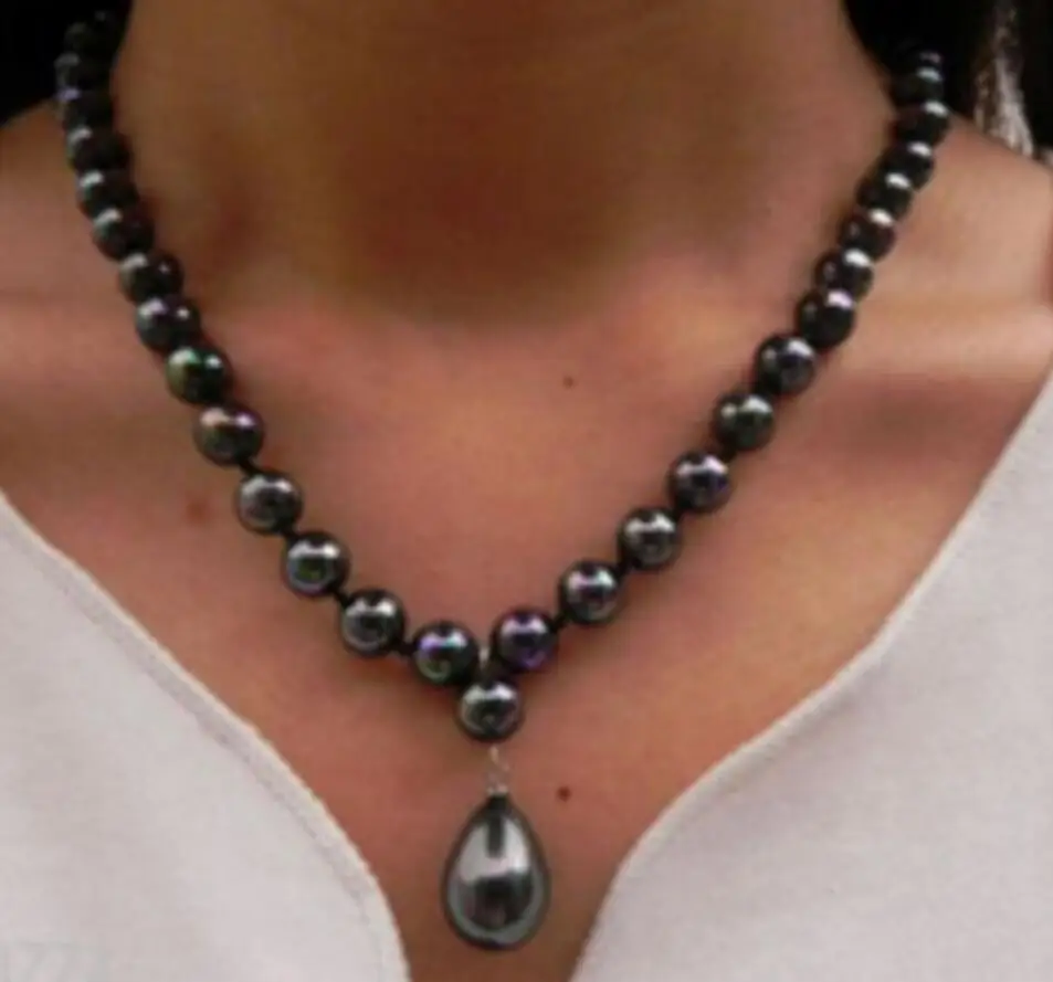 

Free shipping Elegant 8mm Rainbow Black South Sea Shell Pearl Drop Pendant Necklace