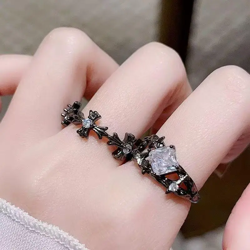 Gothic Cross Open Rings 1/2PCS For Women and Men Exquisite Diamond Jewelry