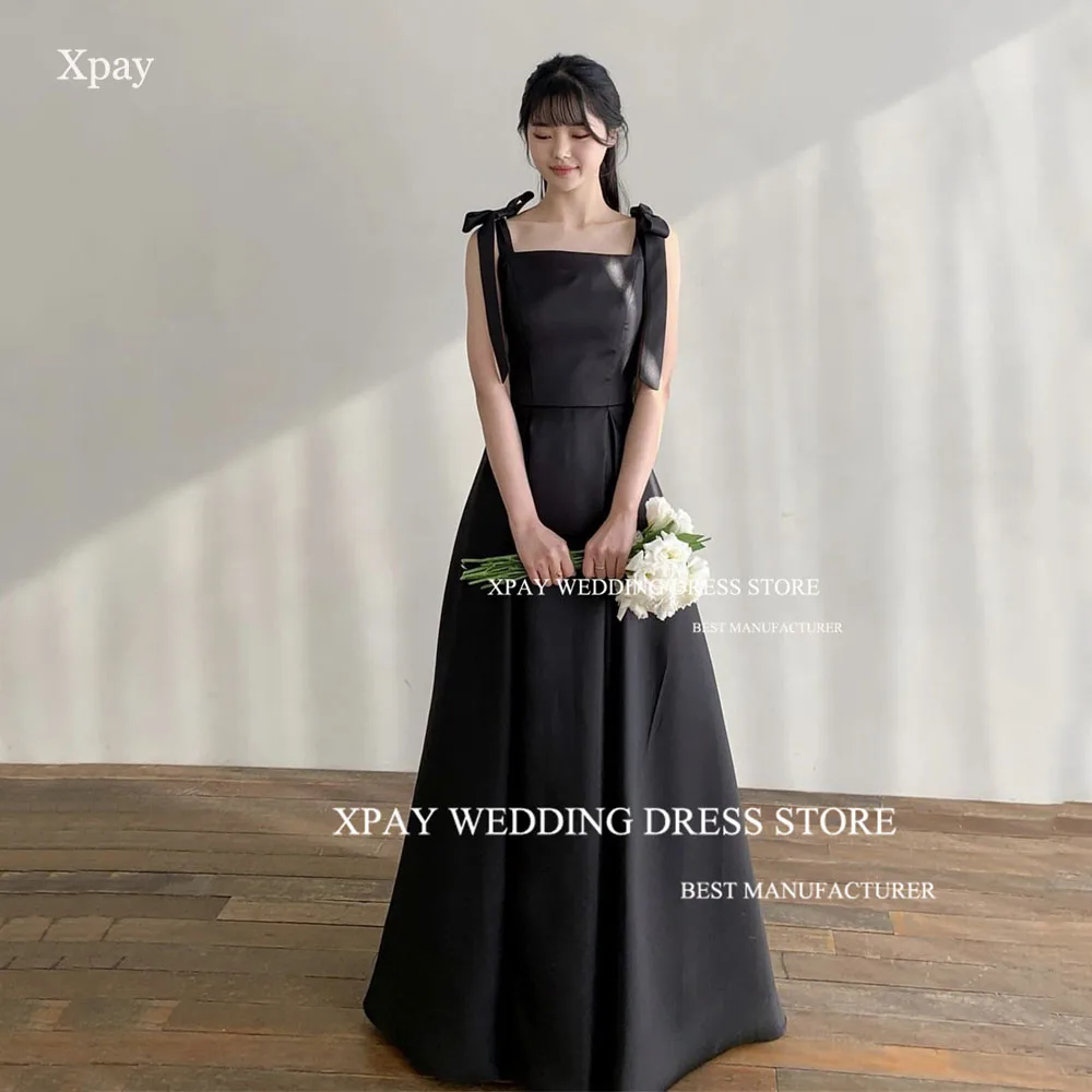 

XPAY Elegant Black Long Evening Dresses Korea Lady Wide Straps Garden Prom Gowns Floor Length Formal Party Dress For Bride
