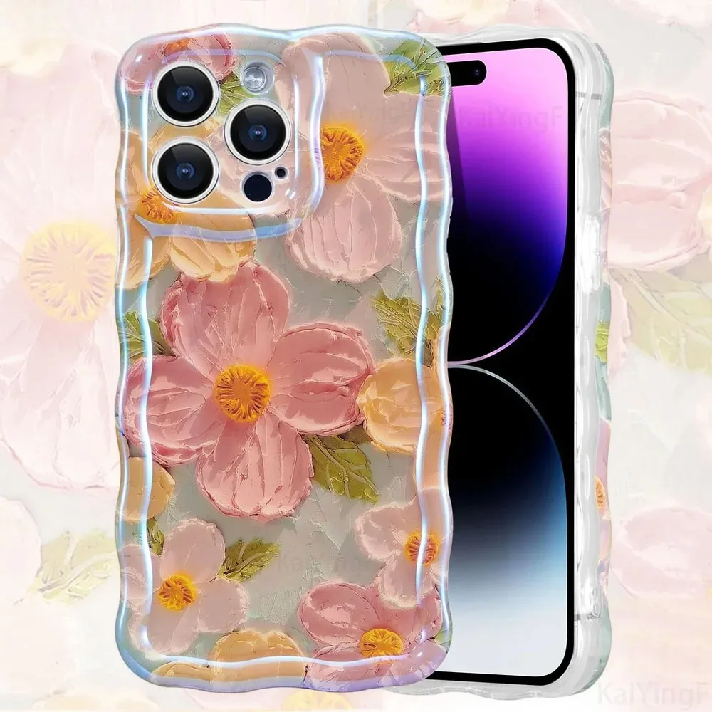 Elegant Retro Oil Painting Floral Wave Case - Glossy, Cute, and Exquisite Design