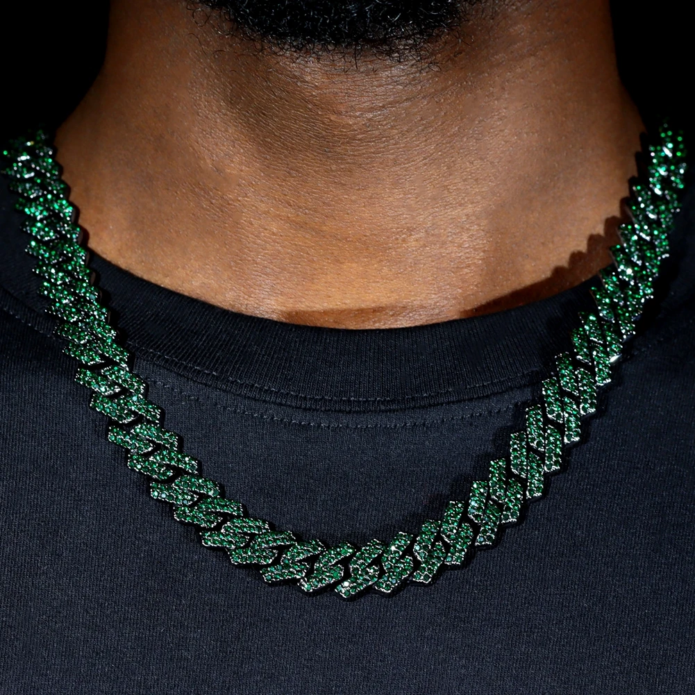 14MM Multicolor Pink Blue Iced Out Crystal Prong Cuban Chain