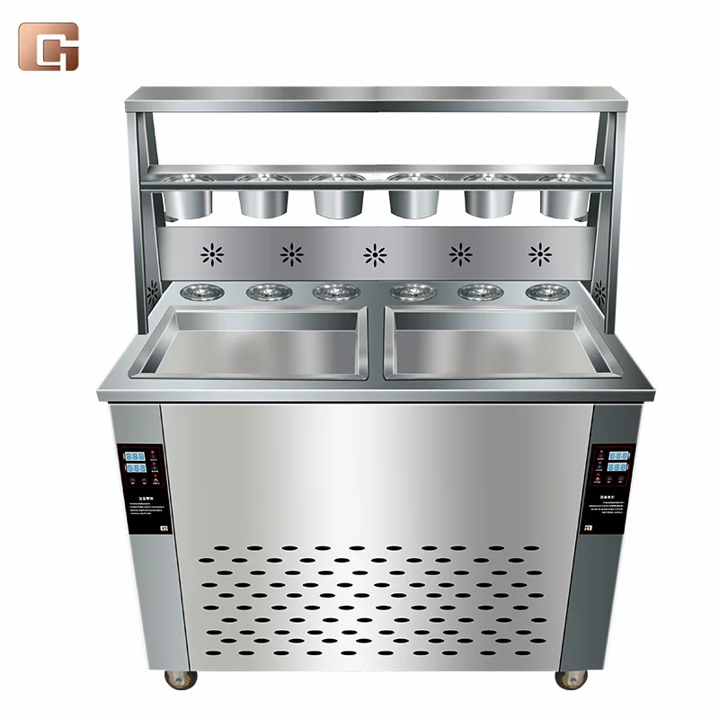 double tanks commercial sugar dispenser 5l 5l automatic bubble tea fructose machine Double Pan Thai Pan Icecream Machine/stir Yogurt Fry Machine Roll Fried Ice Cream Maker With 6 Topping Tanks And Dust Cover