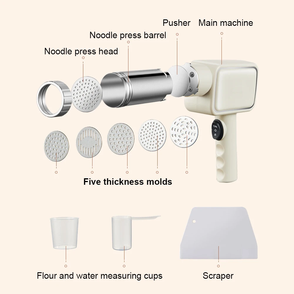 Handheld Automatic Dough Press Machine with 5 Different Shapes Portable Pasta Extruder Fast Pressing Pasta Machine Kitchen Tool