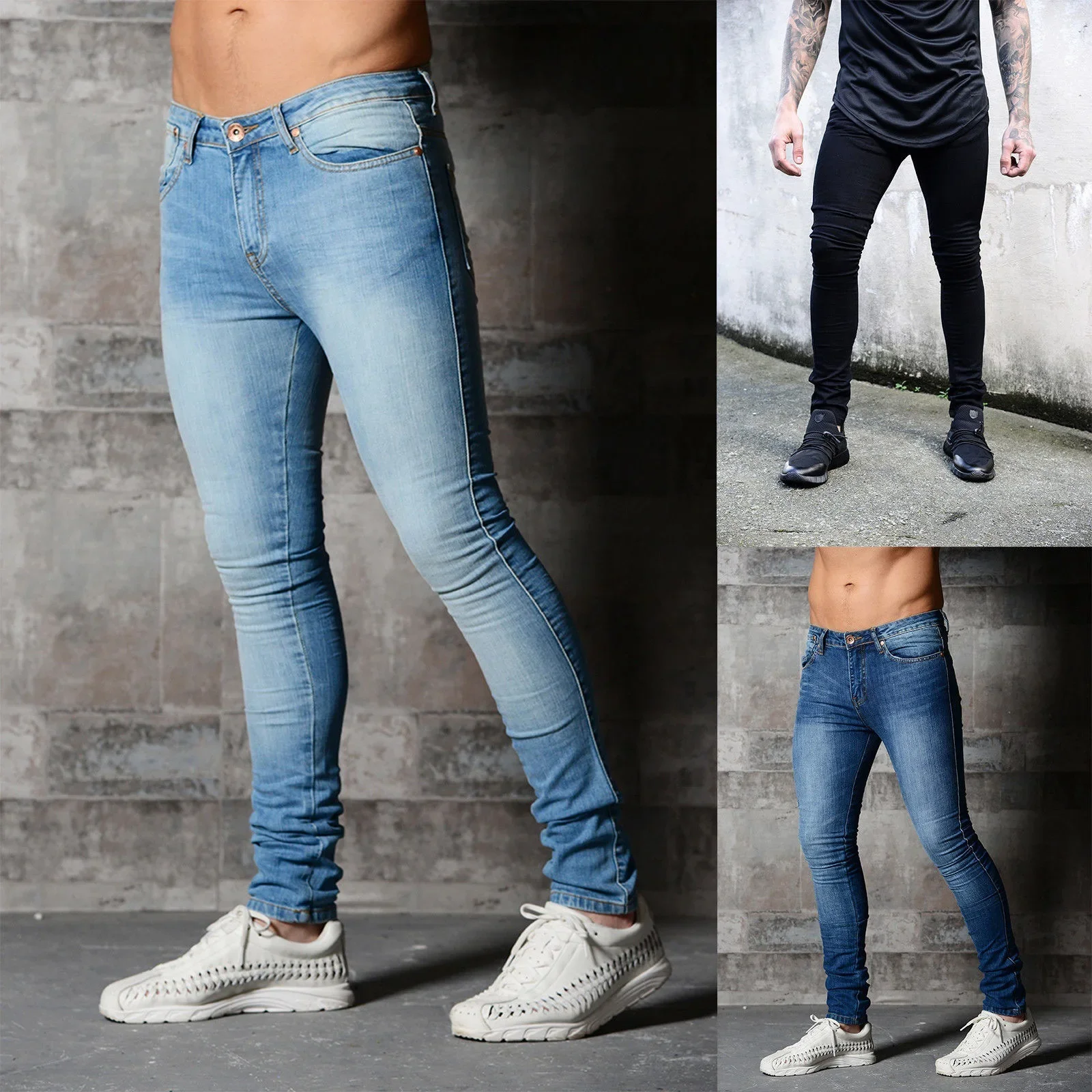 

Men Jeans Denim Pencil Pants High Waist Solid Color Washing Slim Fit Pockets Slight Strech Ankle Length Pant Casual 2024