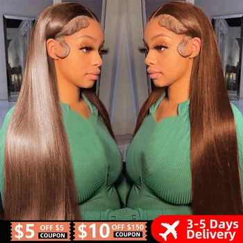 13x4 Straight Chocolate Brown Lace Front Human Hair Wigs 100% Woman Pre Plucked Honey Brown 13x6 HD Transparent Lace Frontal Wig