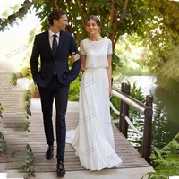 Glamorous Wedding Dresses A-Line Graceful Bridal Gowns Chiffon Floor Length Robes Short Sleeves Vestidos De Novia Customized 1