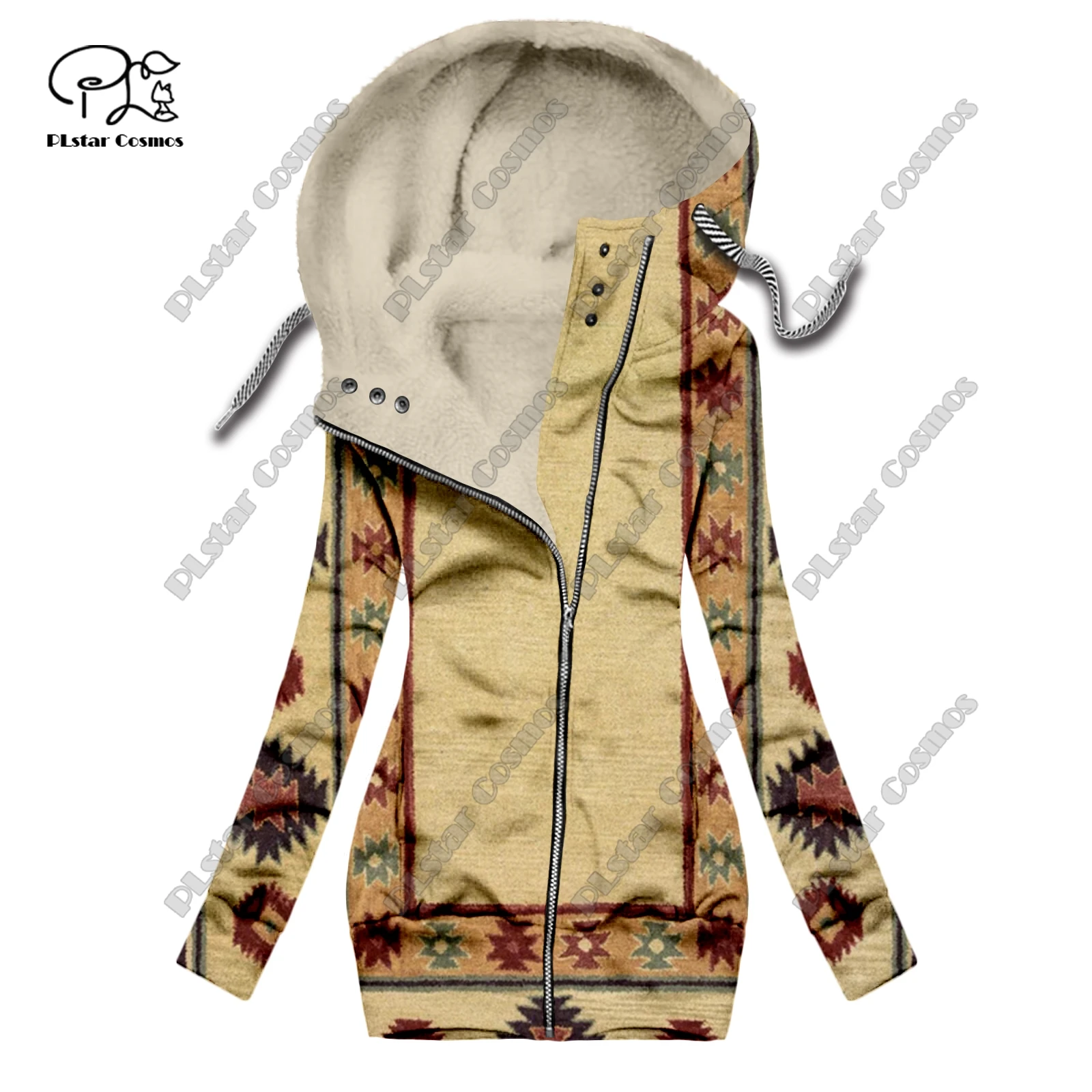 New 3D printing retro series carpet print pattern plus velvet warm women's long zipper hoodie jacket commuting casual winter F-6