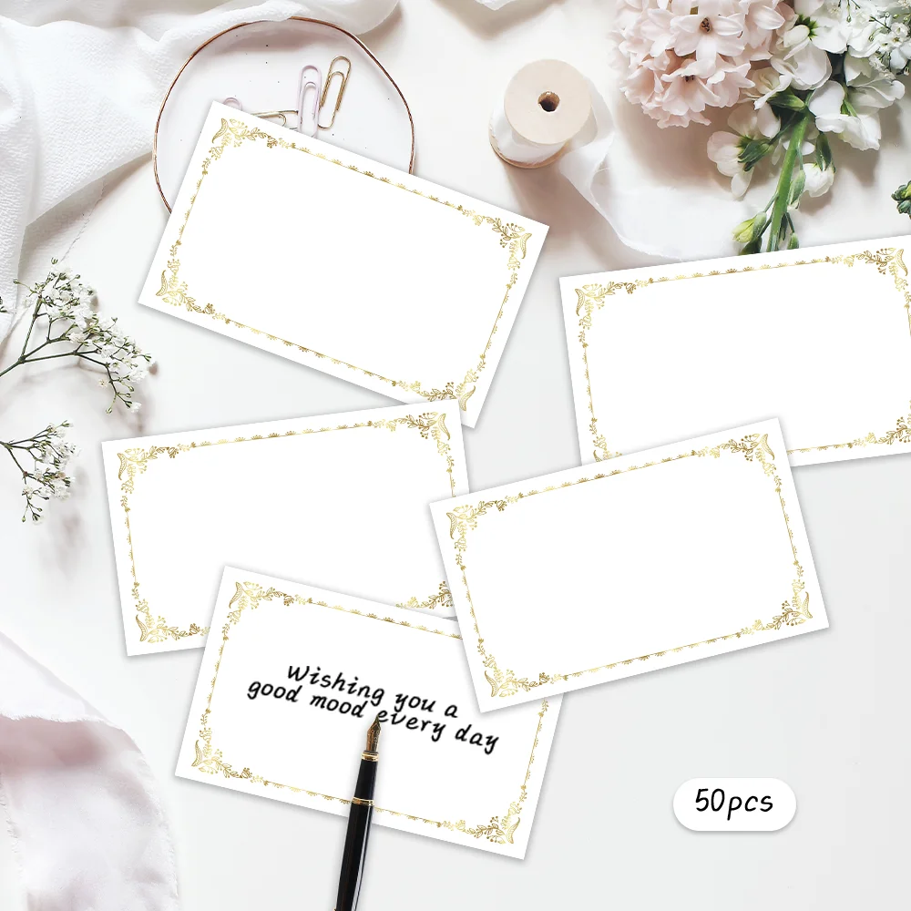 50pcs 우아한 황금 무늬 테두리 빈 인사말 카드, 결혼식 생일 파티 감사 카드, 포켓 카드 비즈니스 용품