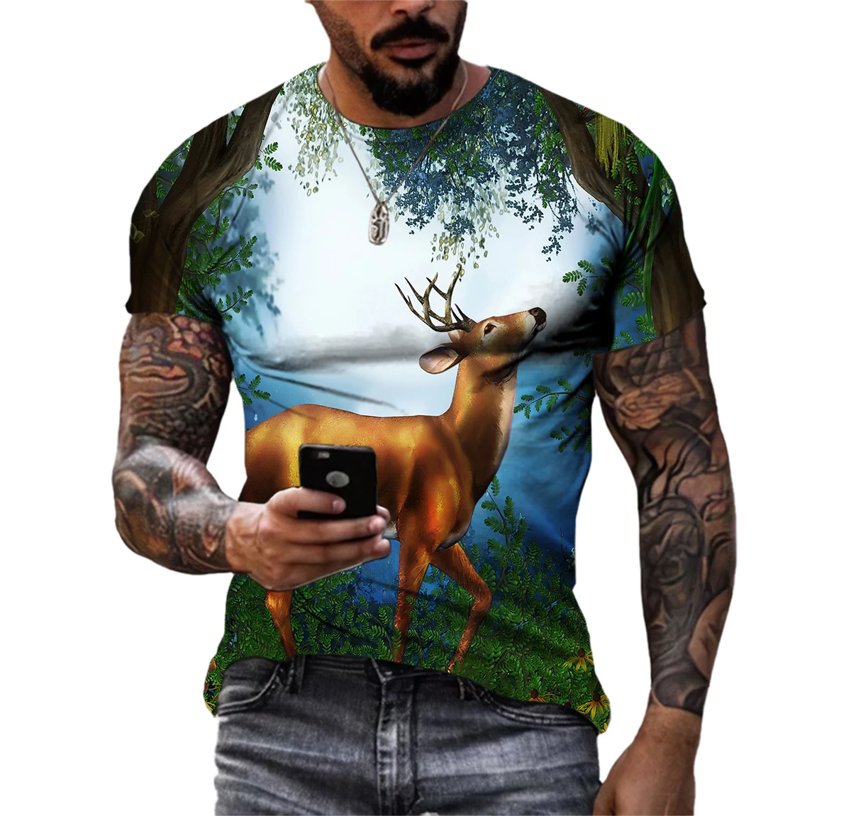 

New Tide Summer Fashion Fairy Tale Forest Picture T-shirts Casual Print Tees Hip Hop Personality Round Neck Short Sleeve Tops