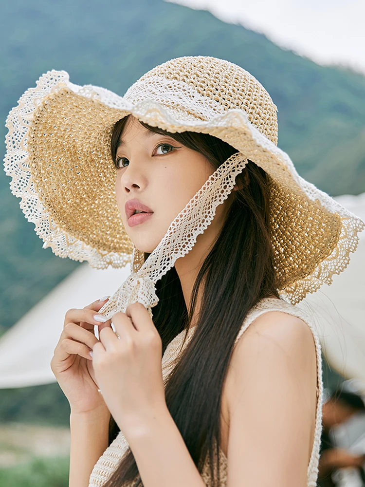 

Women's Sunblock Hat Summer Travel Face Mask Hat UV Protection Large Brim Visor French Lace Woven Sun Hat Panama Women's Hat