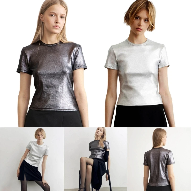 

Базовый и шикарный женский укороченный топ с короткими рукавами, сексуальная повседневная футболка с круглым вырезом