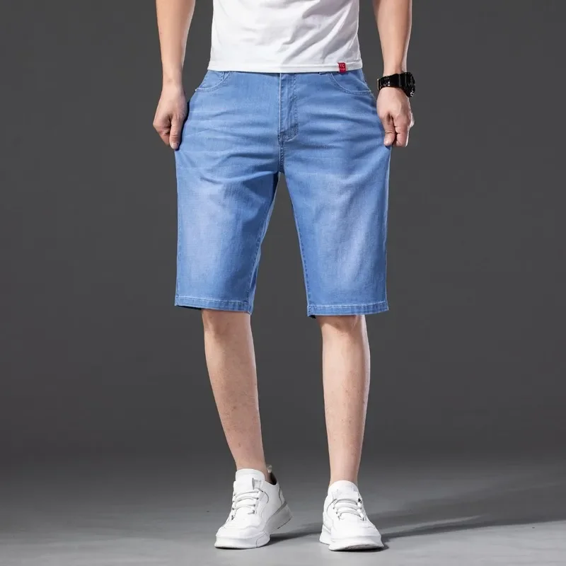 2024 Men Knee Length Soft Light Blue Casual Shorts Summer Brand Stretch Thin High Quality Cotton Denim Jeans  Plus Size 28-46 3