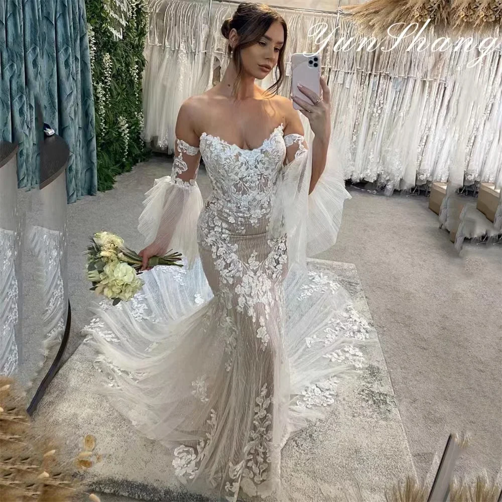 Yunshang Elegant Mermaid Wedding Dresses Women Lace Open Back Long Sleeve Sweetheart Bridal Gown Sweep Train Vestidos De Novia yunshang elegant mermaid wedding dress women lace long sleeve illusion back sweetheart bridal gown sweep train vestido de novia