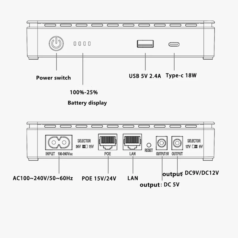 DC Power Supply Uninterruptible Power Supply Portable UPS Mini UPS Mini DC UPS Backup Power Bank with Lithimum Battery, USB, Type-C, POE, Wi-Fi Router, IP Camera, 5V, 9V, 12V, 15V, 24V, 10400mAh,