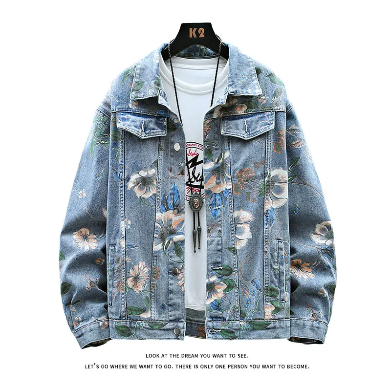 Chaqueta vaquera con estampado Floral Vintage para hombre, abrigo