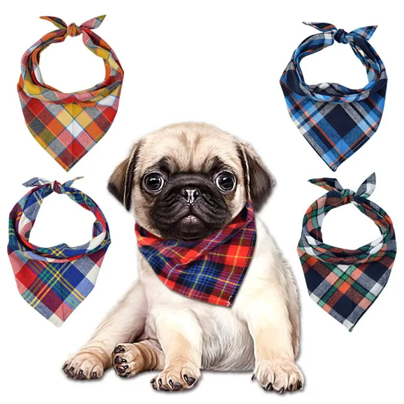 Pet Scarf Pet Bib Dog and Cat Bandanas Plaid Cotton Washable Puppy Triangular Bibs Handkerchief