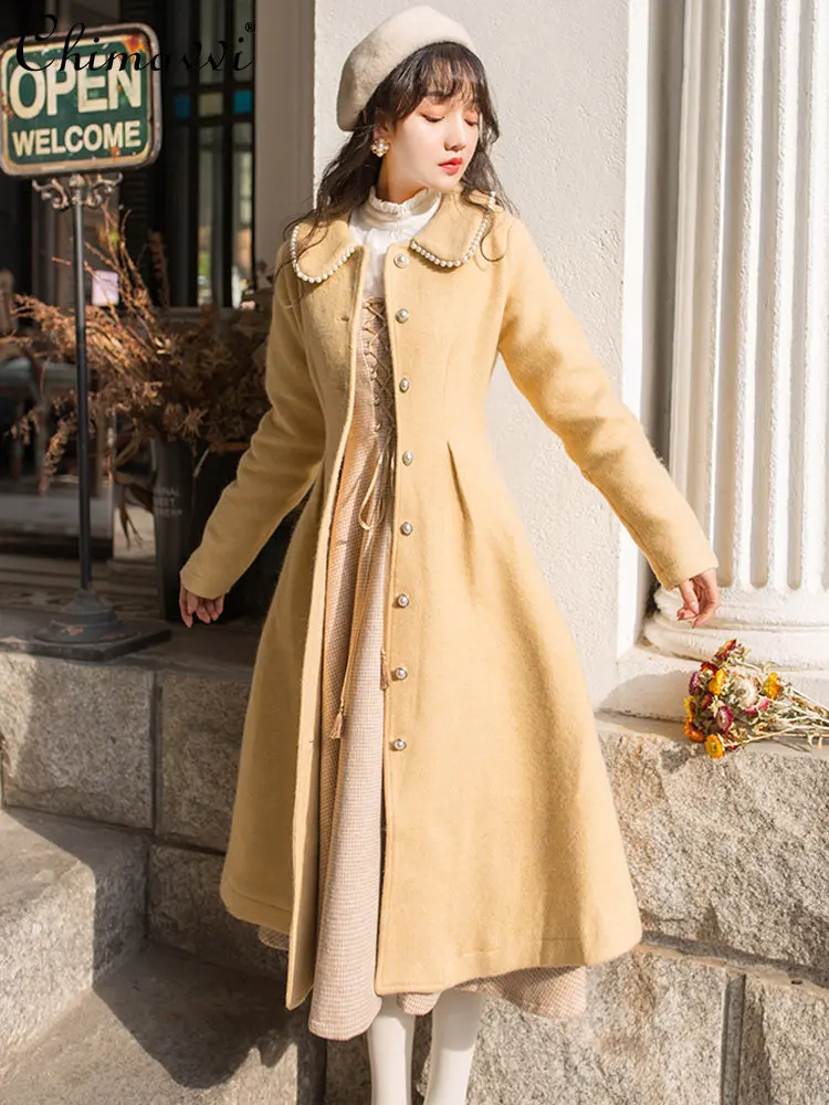 

Fashion Design Artistic Style French Woolen Coat 2023 Autumn Winter New Retro Long-sleeve Slim-fit Elegant Knee Length Jacket