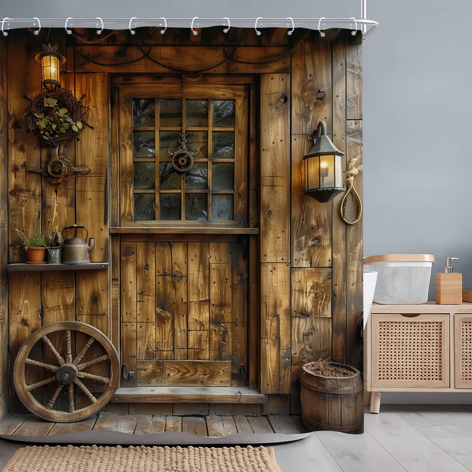 LB Tenda Doccia In Tessuto Grigio Legno 180x180 Cm - Stile Rustico, Antimuffa, Impermeabile - Con 12 Ganci