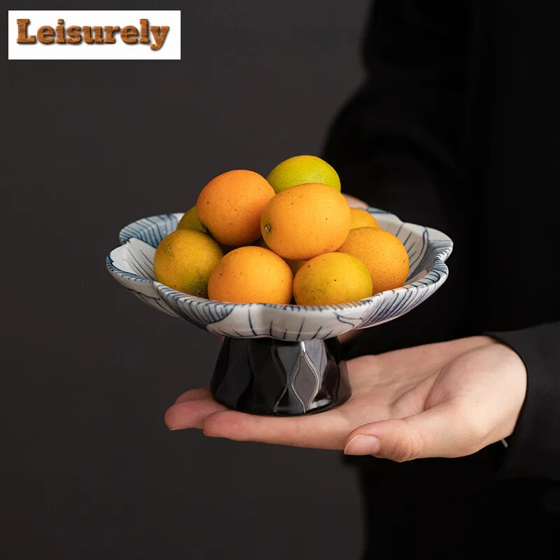 Antique Blue and White Fruit Dishes Zen High Legged Pastry Plate Refreshment Fruit Plate Fruit Plate Serving Tray Teaset Craft