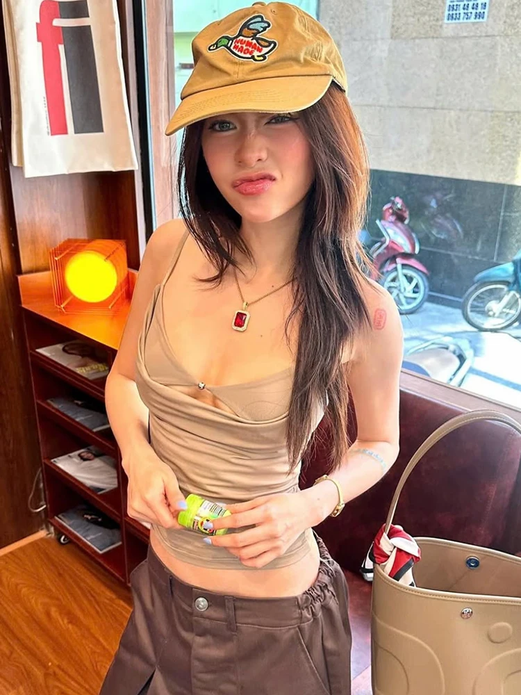 Nibber hollow Low-Neck Camisole Women Sexy Solid High Elasticity Metal Rings Summer Trend Street Hottie Versatile Classic Tops