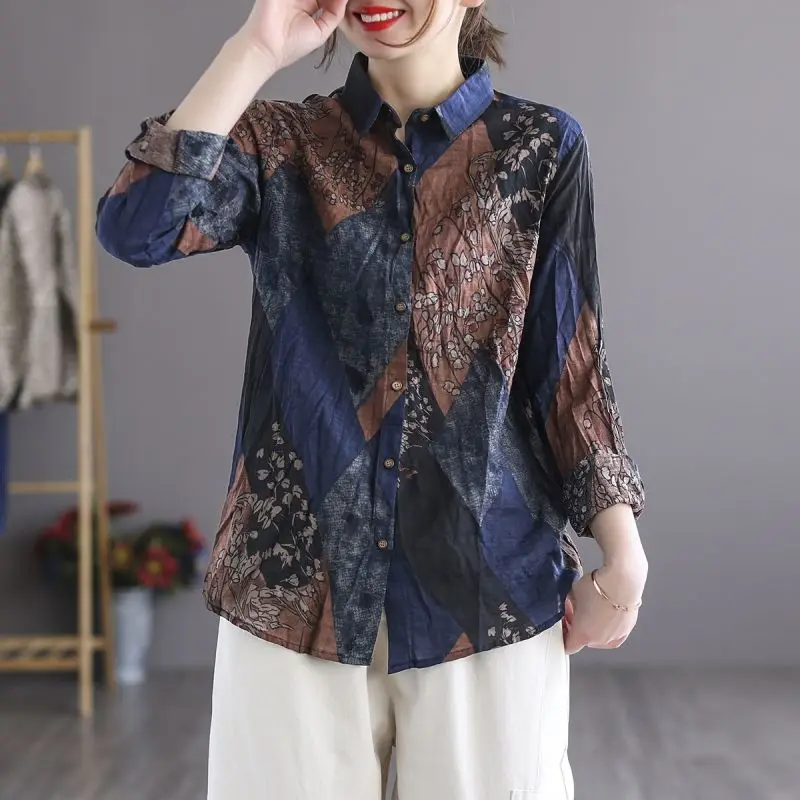 Vintage Printed Lapel Button Loose Folds Shirt Women Clothing 2022 Autumn New Oversized Casual Tops All-match Korean Blouse