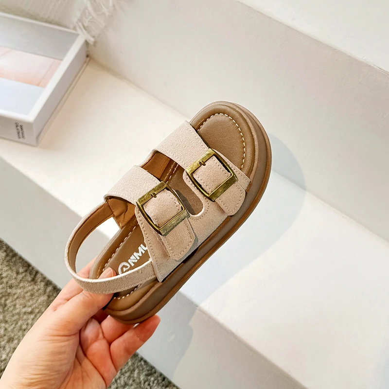 Children Retro Slippers Buckle Kids Summer Beach Shoes Simple Open-toe Classic Solid Color Boys Girls Casual Sandals 2024 New