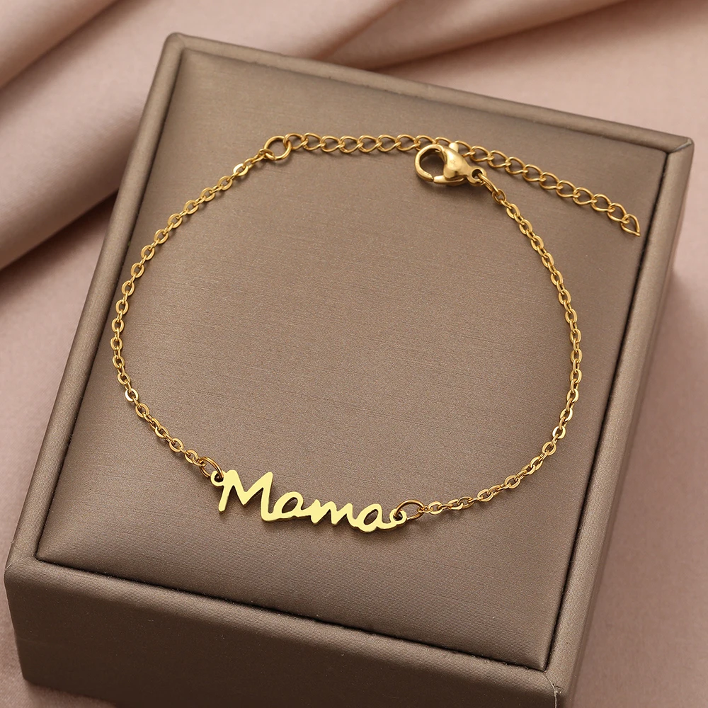 Bracelets en acier inoxydable avec pendentif lettre maman pour femme, bijoux à breloques, cadeaux pour maman, amoureux de la fête 2