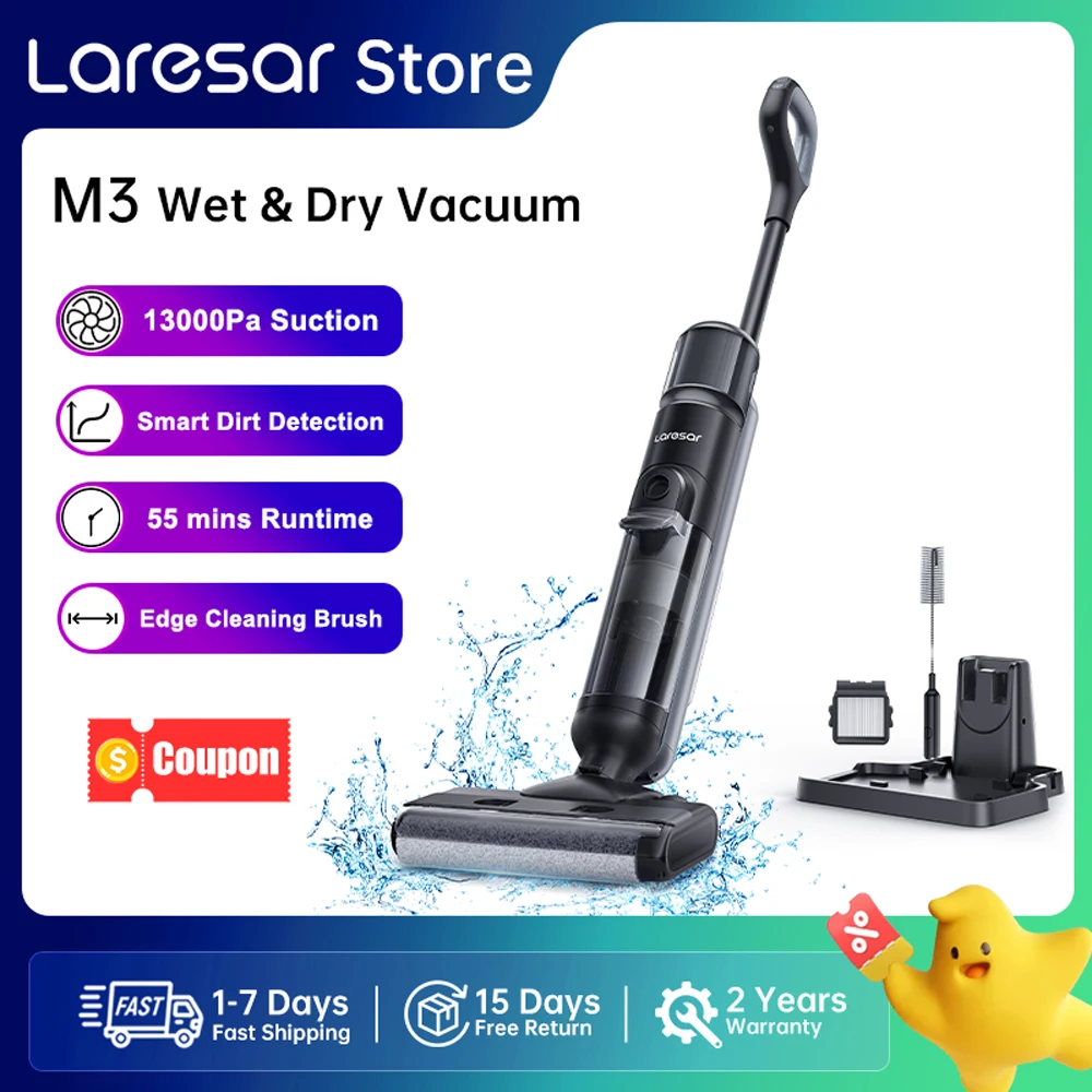 Laresar M3 Cordless Wet Dry Vacuum Cleaner Mop, Edge Cleaning 55min Auto Suction Floor Washer Self-Cleaning Smart Home Appliance 1