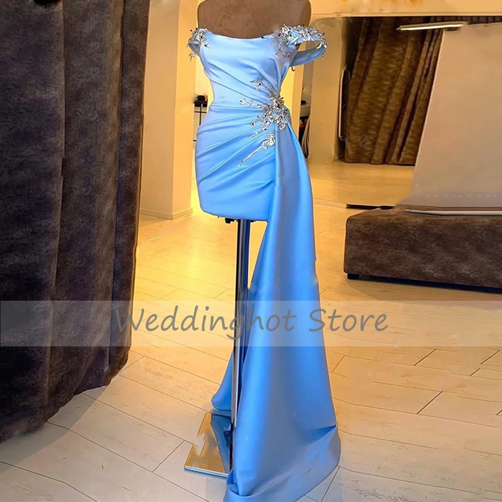 Women's Cocktail Dresses Off the Shoulder Satin Gown Mini Sheath/Column Crystal Draped Train Short Party Dress