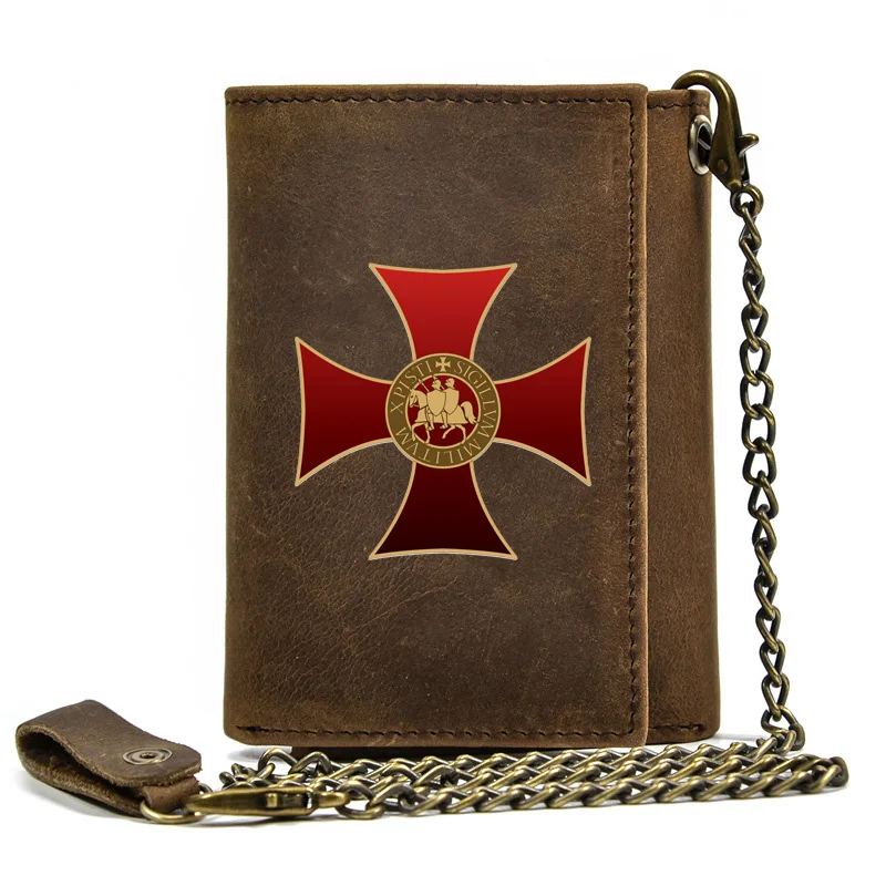 

High Quality Men Genuine Leather Wallet Anti Theft Hasp With Iron Chain Knights Templar Cross Cover Card Holder Short Purse