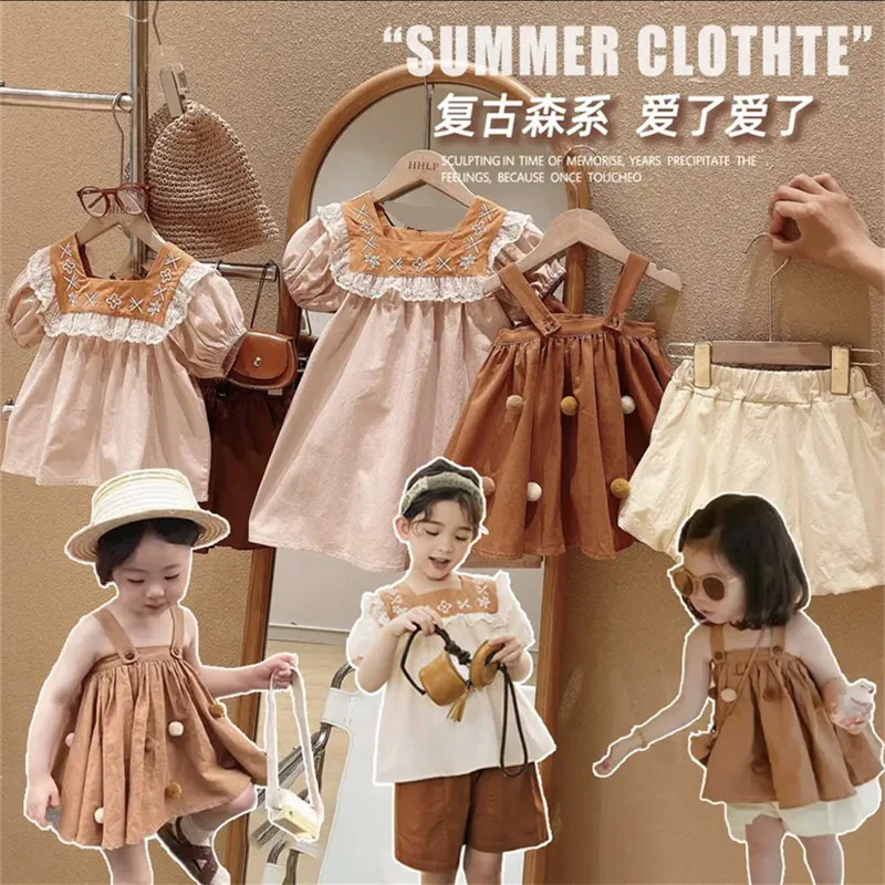 

Girls Mori Style Retro Comfort2024Summer New Pure Cotton Suspender Shorts Suit Lazy Princess Dress-WSNY