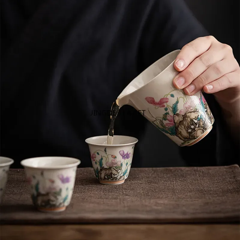 1 Chinese retro handmade ceramic tea cup travel hand-painted flower porcelain tea bowl Kung Fu tea set