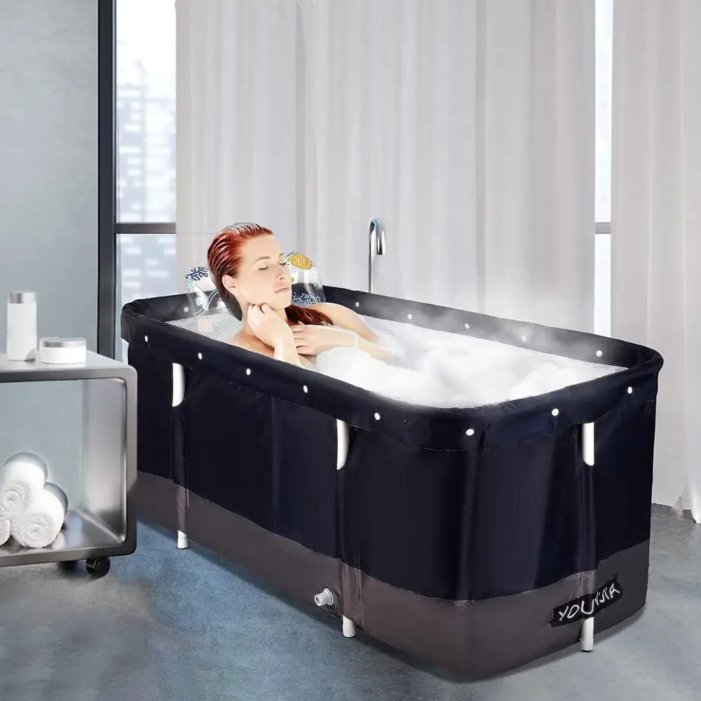 Portable Foldable Bathtub with Water Cushion and Backrest Dark Blue Adult Bath Tub 2
