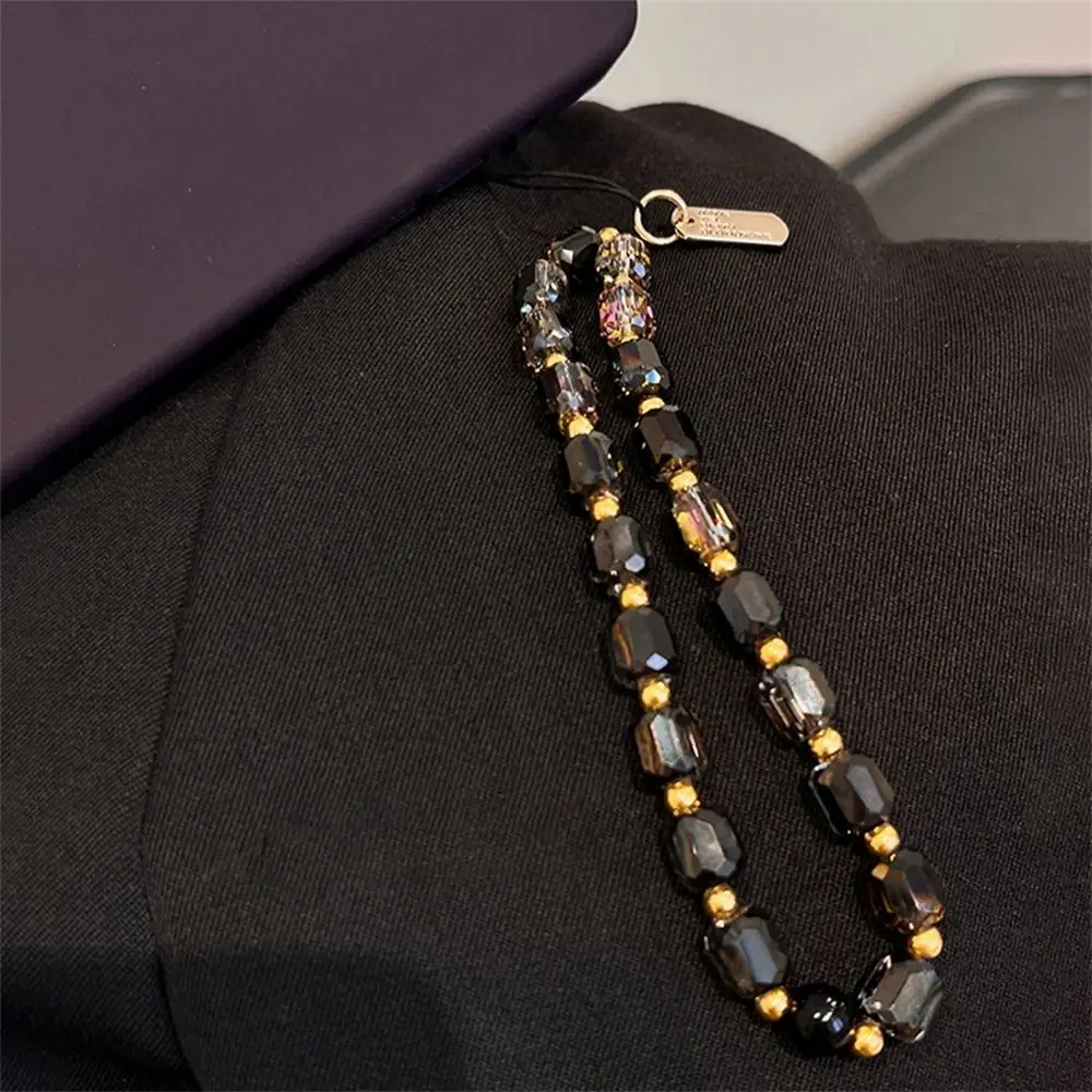 Cute Black Gold Crystal Beaded Phone Chain Women Fashion Luxury Phone Lanyard Kawaii Anti-Lost Phone Strap Gifts
