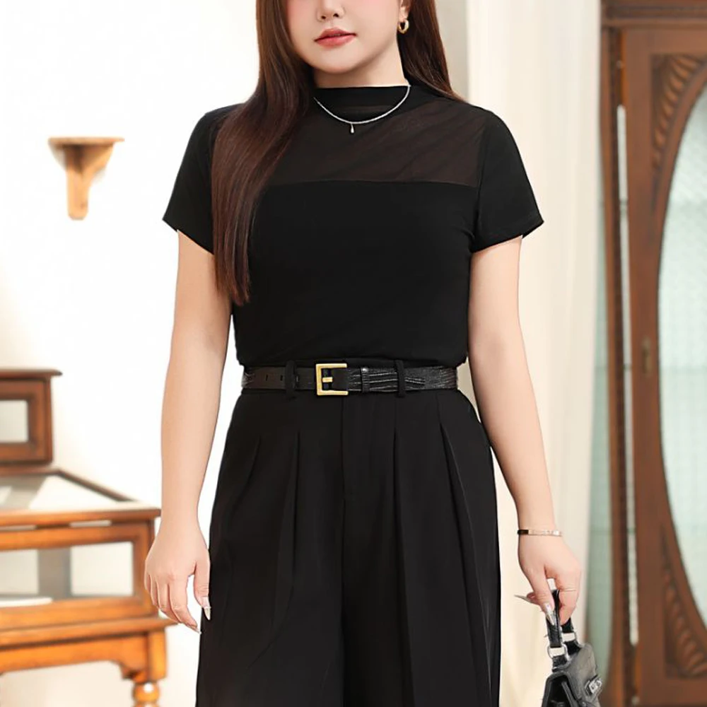 Plus Size Commuter Mesh Panel Modal Stand Collar Slim Fit Short Sleeve T-Shirt For Women Spring Summer Good Quality